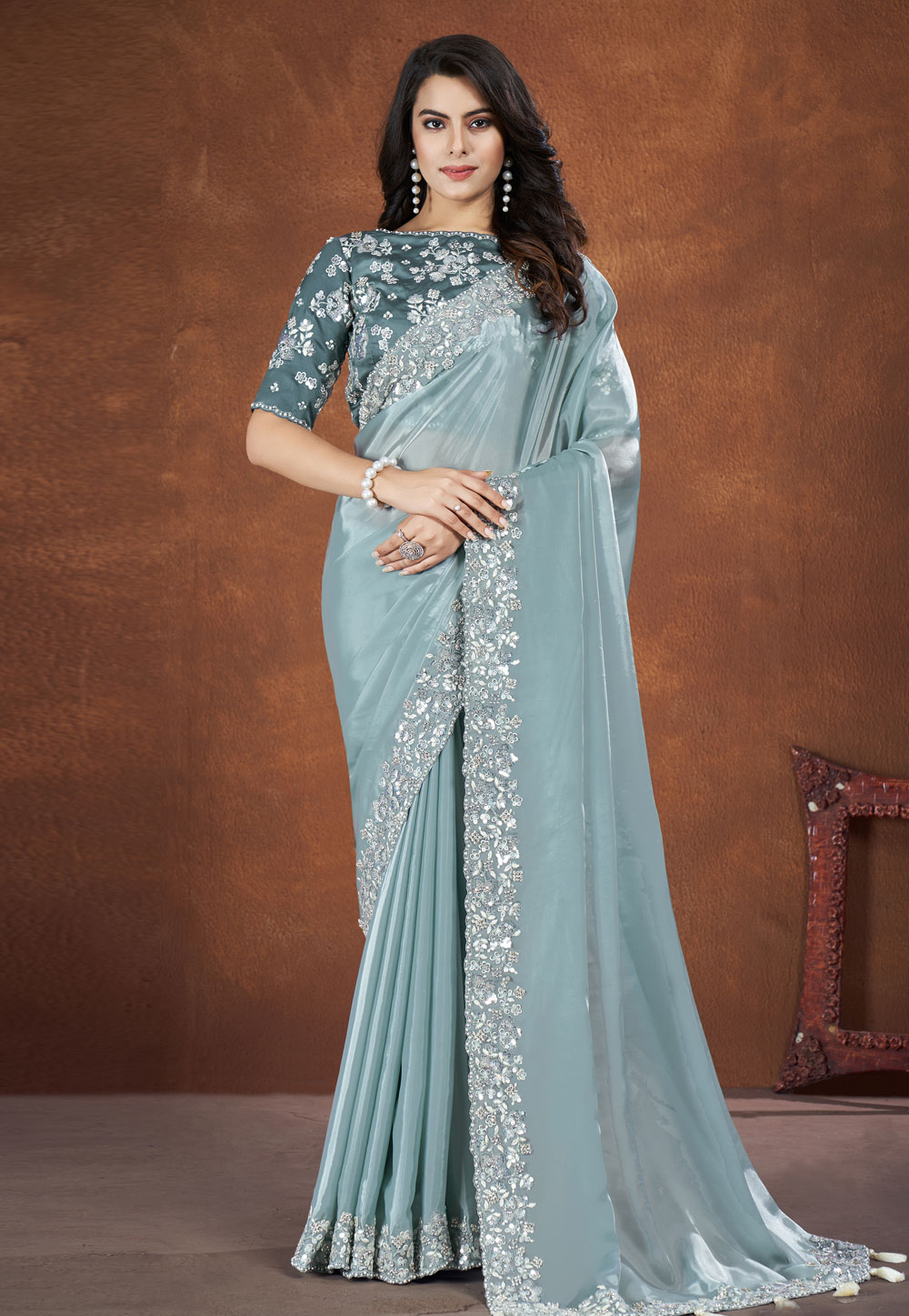 Sky Blue Crepe Satin Saree With Blouse 285156