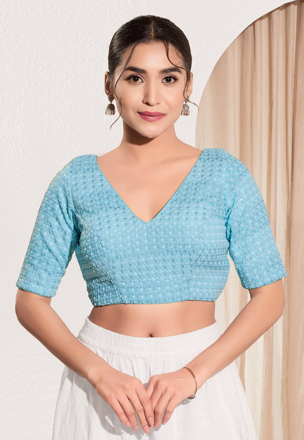 Sky Blue Crochet Readymade Blouse 311856
