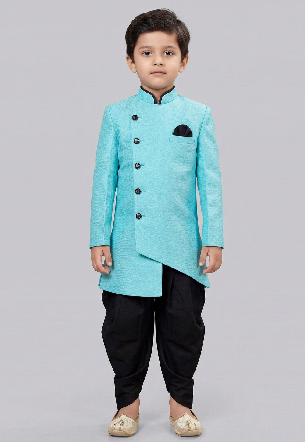 Sky Blue Dupion Kids Indo Western Suit 323148