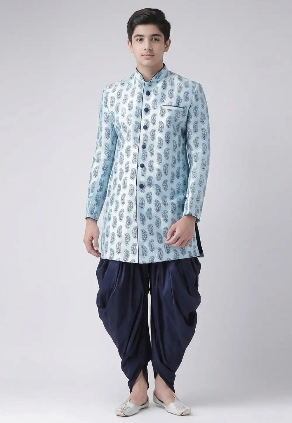 Sky Blue Dupion Silk Kids Indo Western Suit 325372