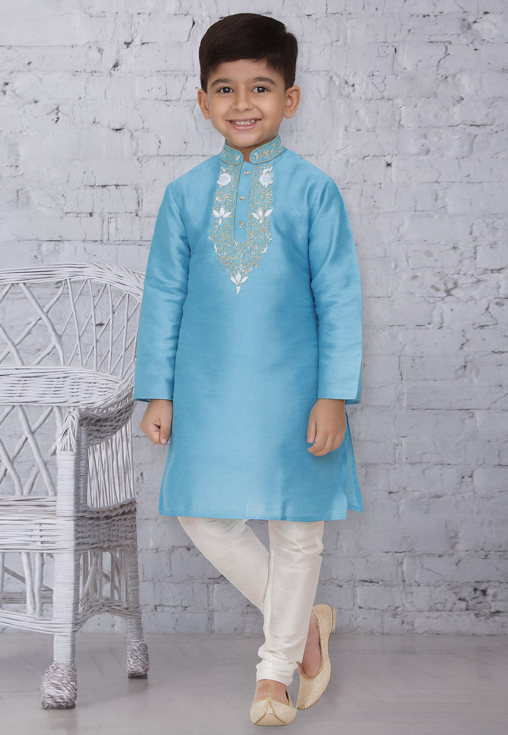 Sky Blue Dupion Silk Kids Kurta Pajama 320802
