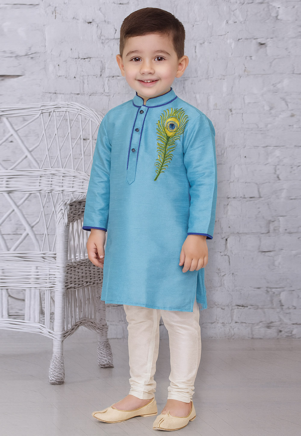Sky Blue Dupion Silk Kids Kurta Pajama 320803