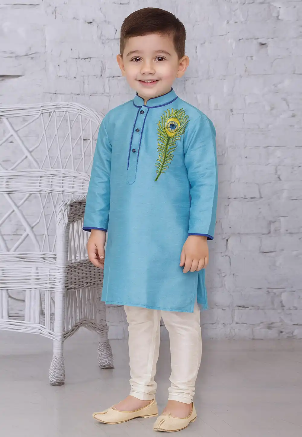 Sky Blue Dupion Silk Kids Kurta Pajama 320803
