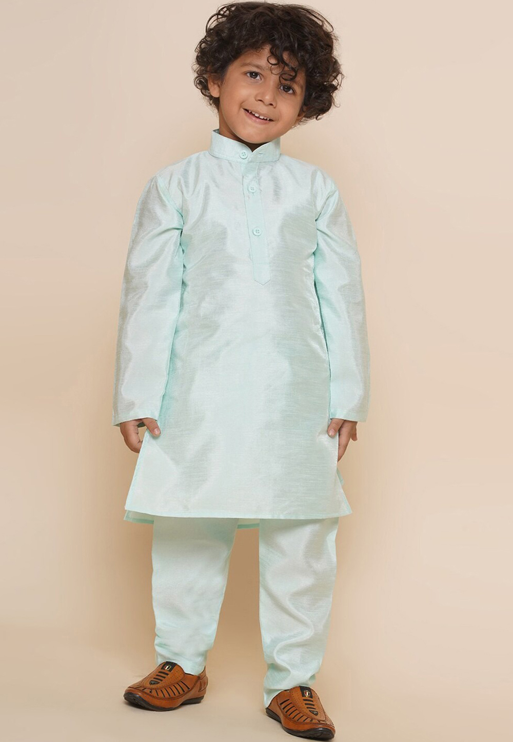 Sky Blue Dupion Silk Kids Kurta Pajama 312082