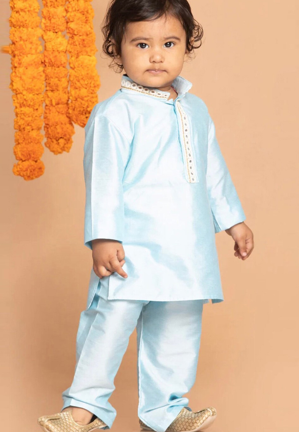 Sky Blue Dupion Silk Kids Kurta Pajama 312083