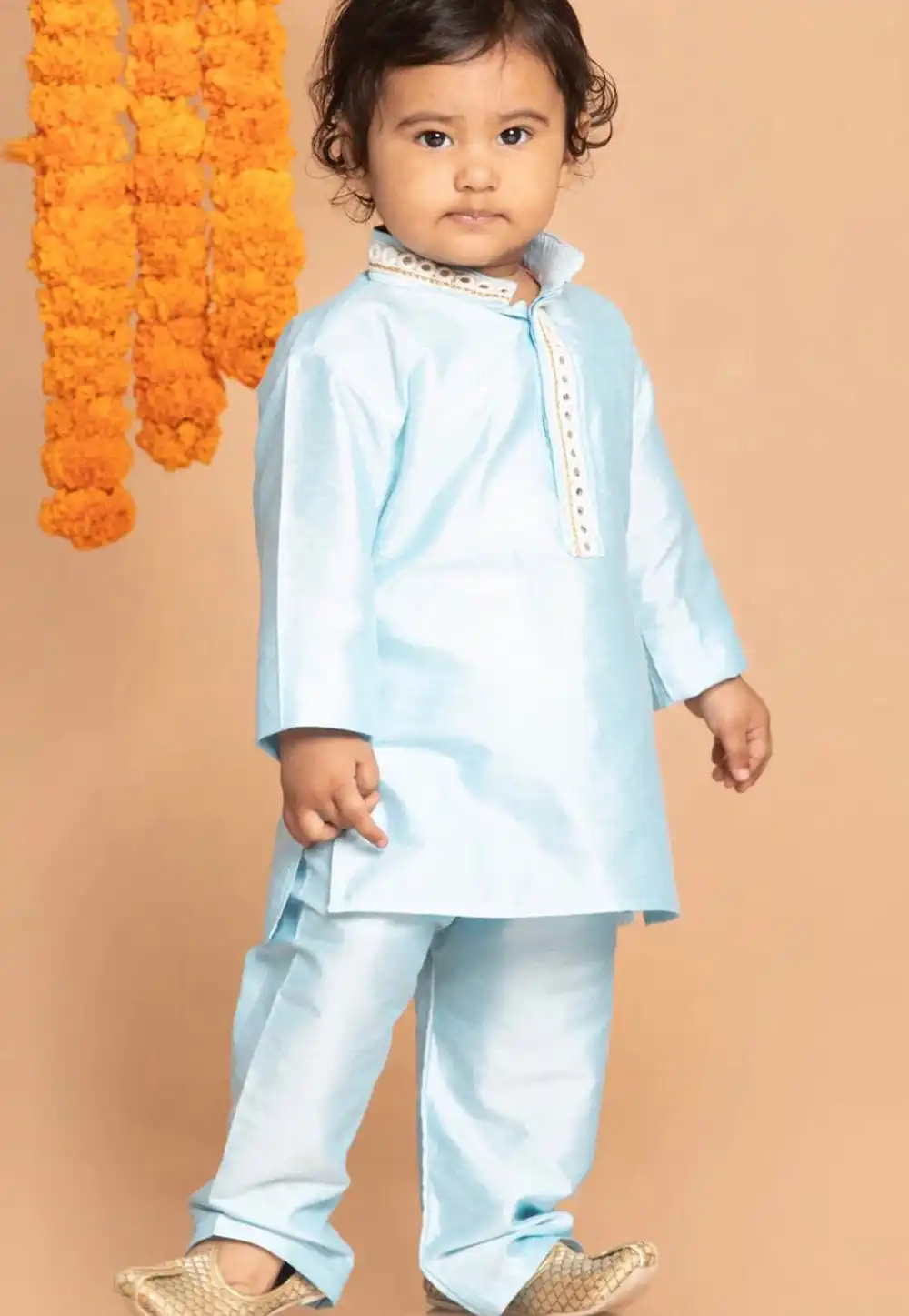 Sky Blue Dupion Silk Kids Kurta Pajama 312083