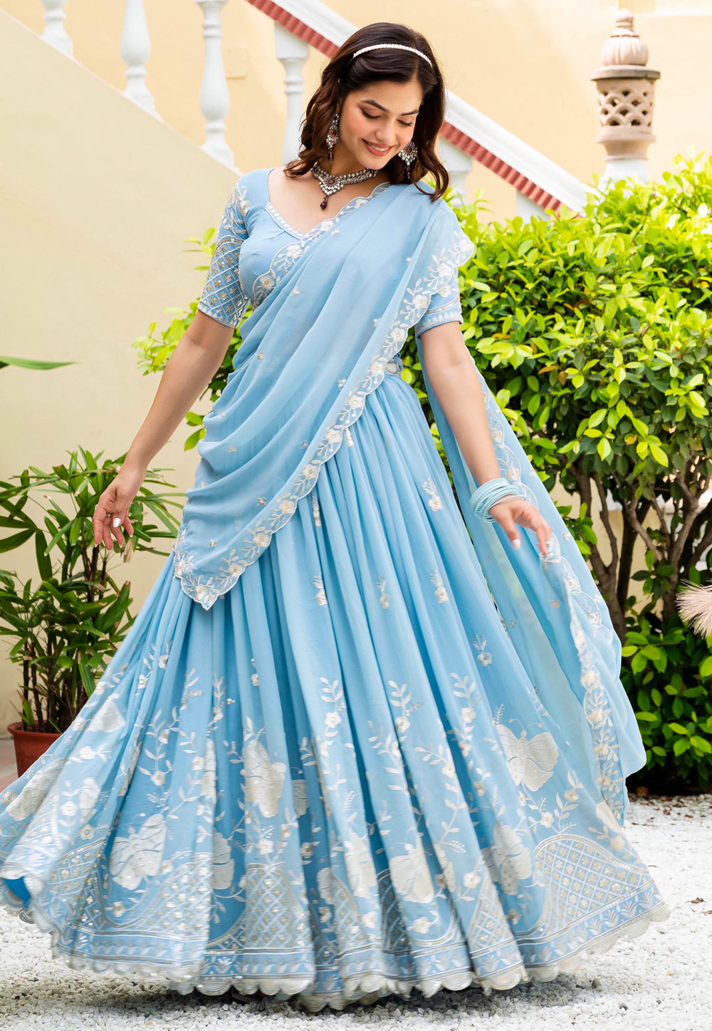 Sky Blue Faux Georgette Circular Lehenga Choli 318378