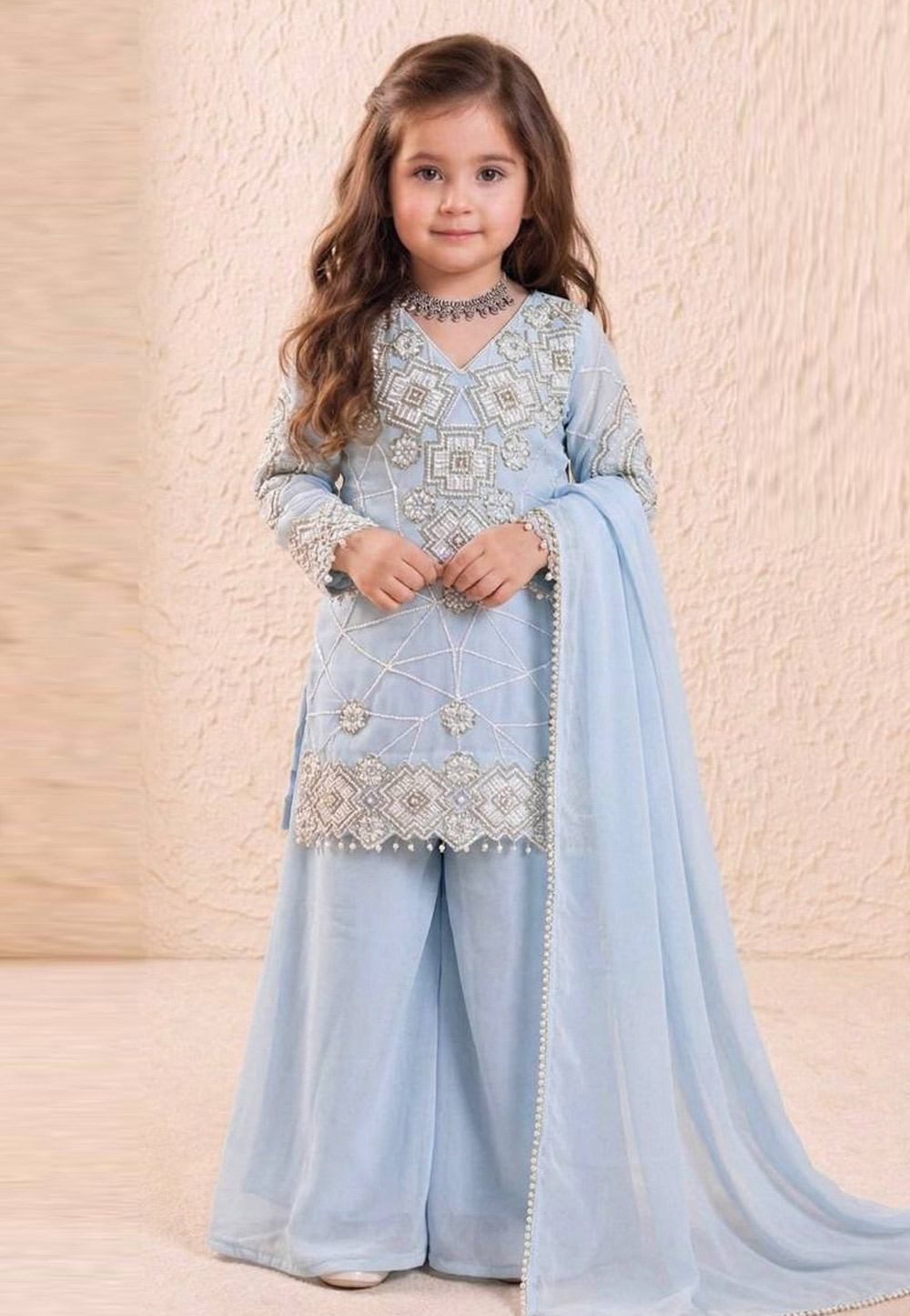 Sky Blue Faux Georgette Kids Palazzo Suit 327839