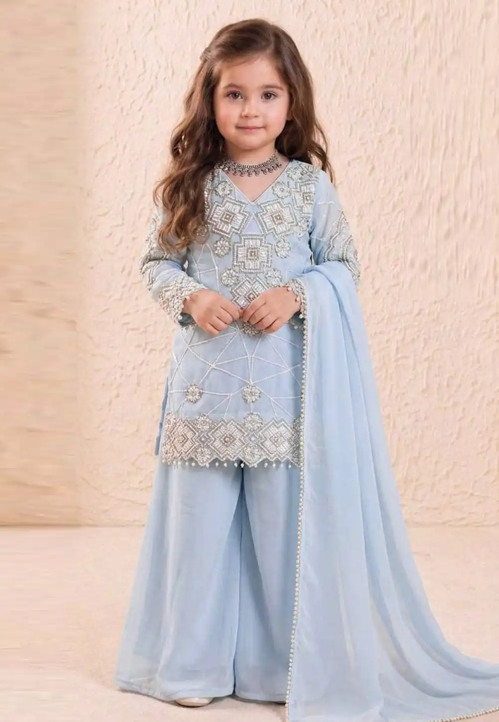 Sky Blue Faux Georgette Kids Palazzo Suit 327839