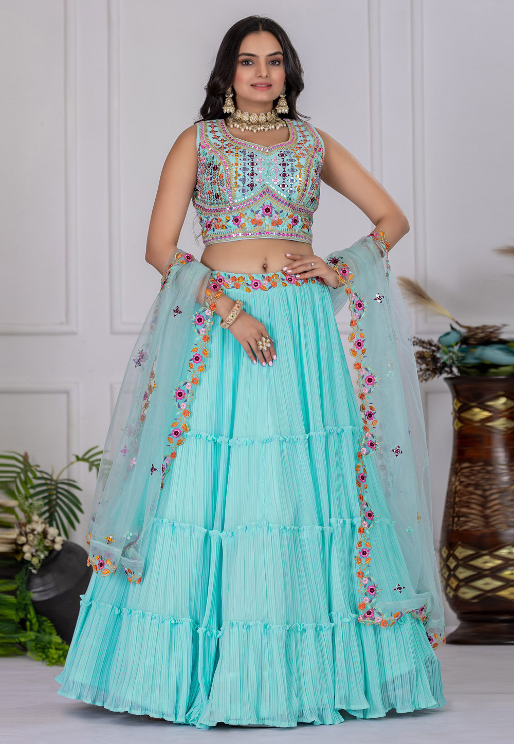 Sky Blue Faux Georgette Layered Lehenga Choli 312132