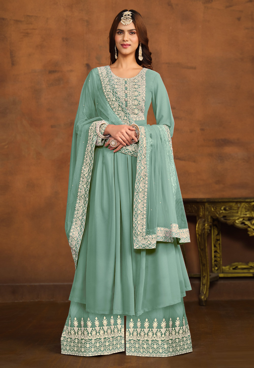 Sky Blue Faux Georgette Palazzo Suit 281914
