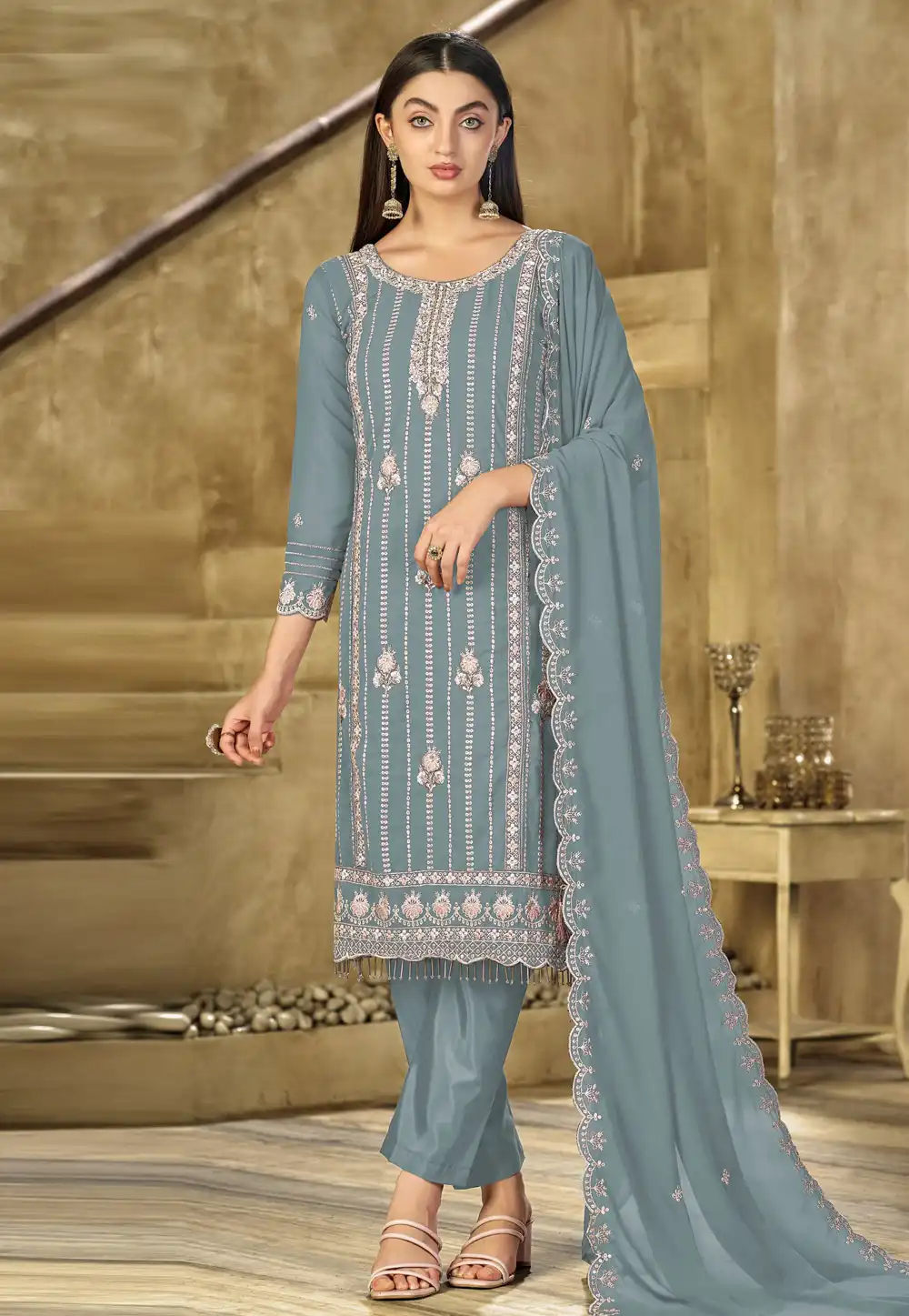 Sky Blue Faux Georgette Pant Style Suit 316830