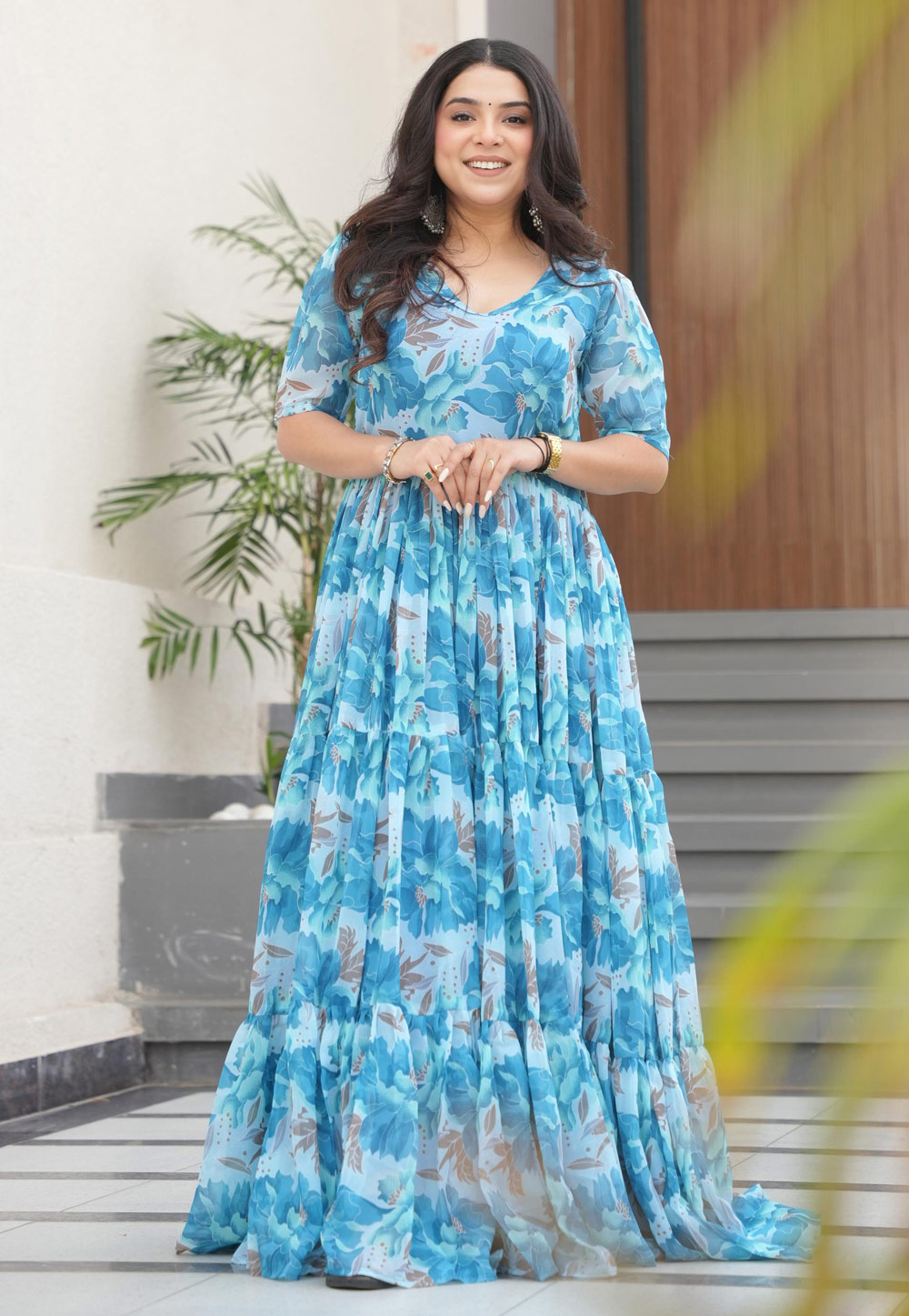 Sky Blue Faux Georgette Printed Gown 308529