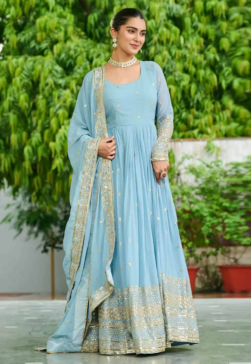 Sky Blue Faux Georgette Readymade Anarkali Suit 316269