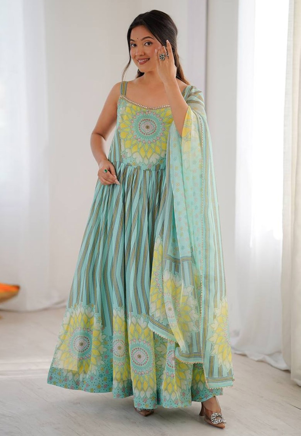 Sky Blue Faux Georgette Readymade Anarkali Suit 321218