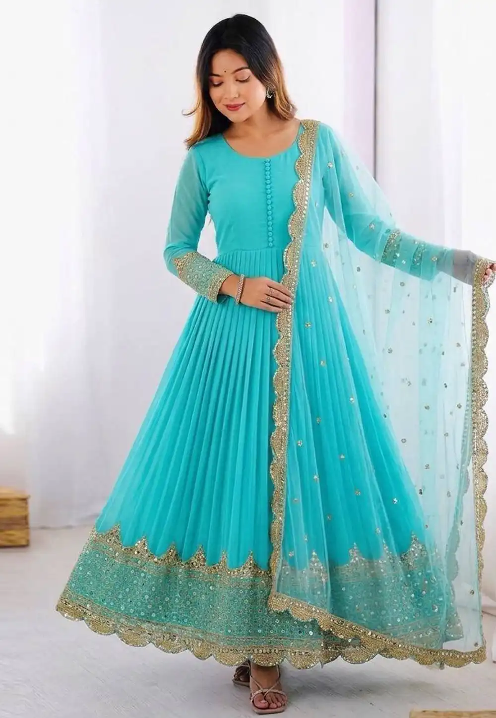 Sky Blue Faux Georgette Readymade Anarkali Suit 328587