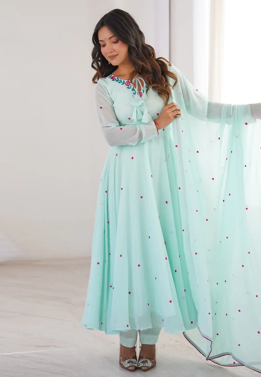 Sky Blue Faux Georgette Readymade Anarkali Suit 333732
