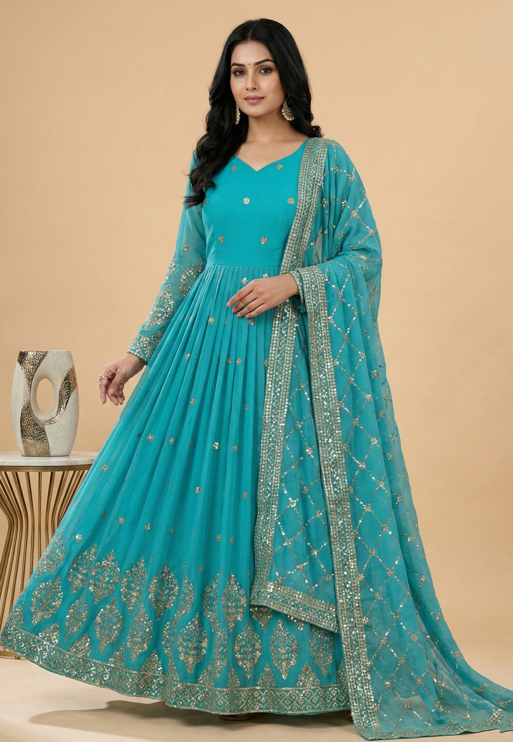 Sky Blue Faux Georgette Readymade Long Anarkali Suit 324005