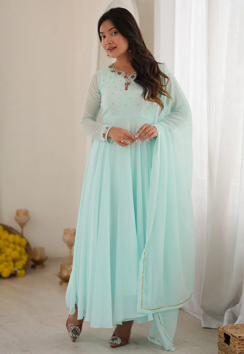 Sky Blue Faux Georgette Readymade Long Anarkali Suit 337060