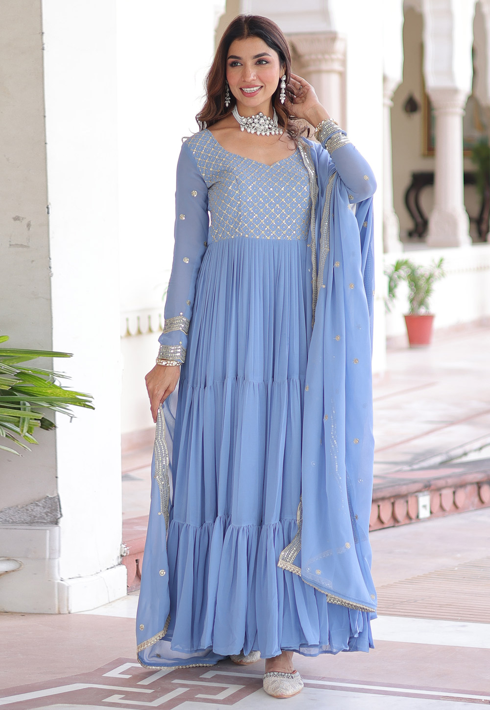 Sky Blue Faux Georgette Readymade Long Anarkali Suit 320549