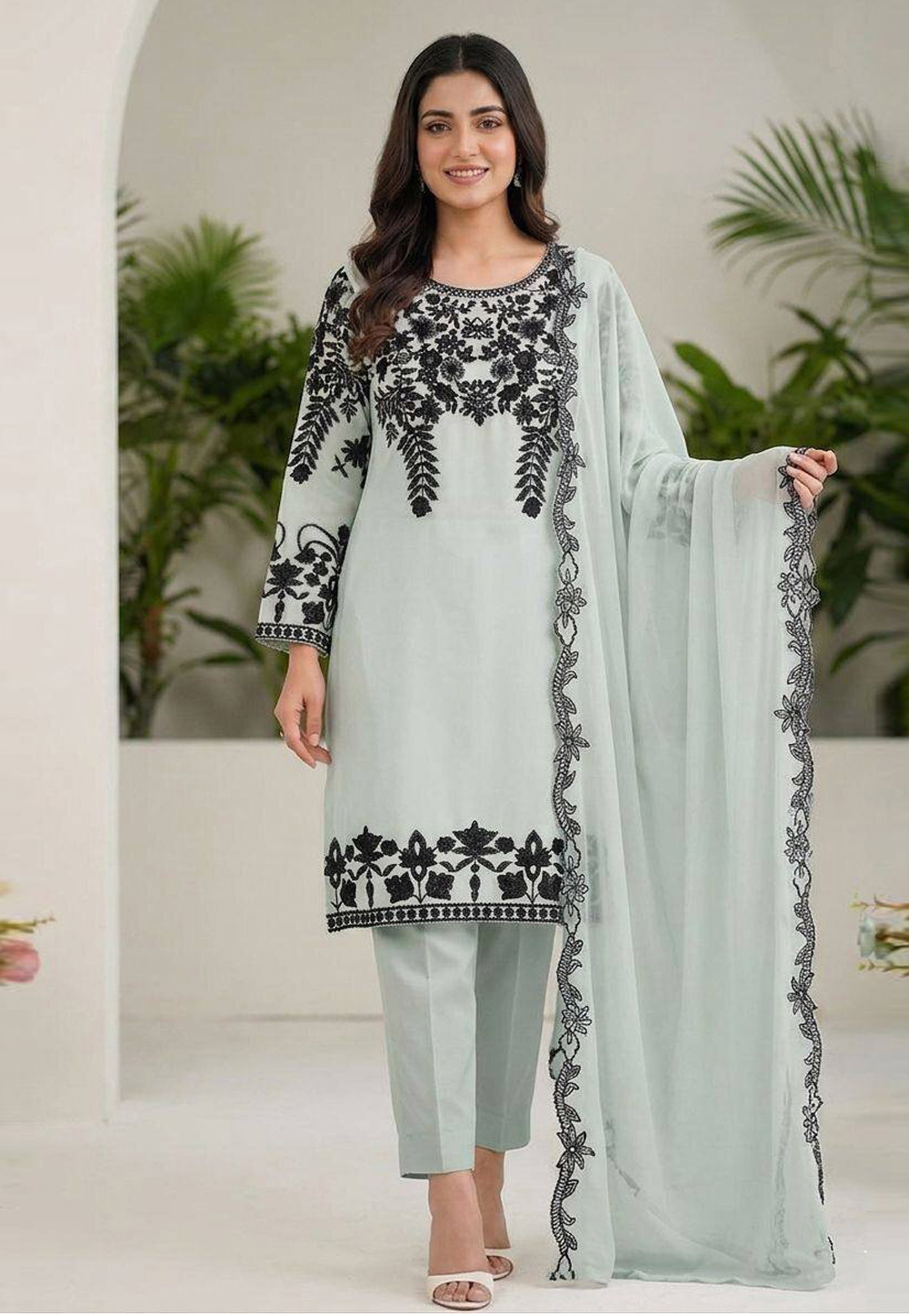 Sky Blue Faux Georgette Readymade Pant Style Suit 329817
