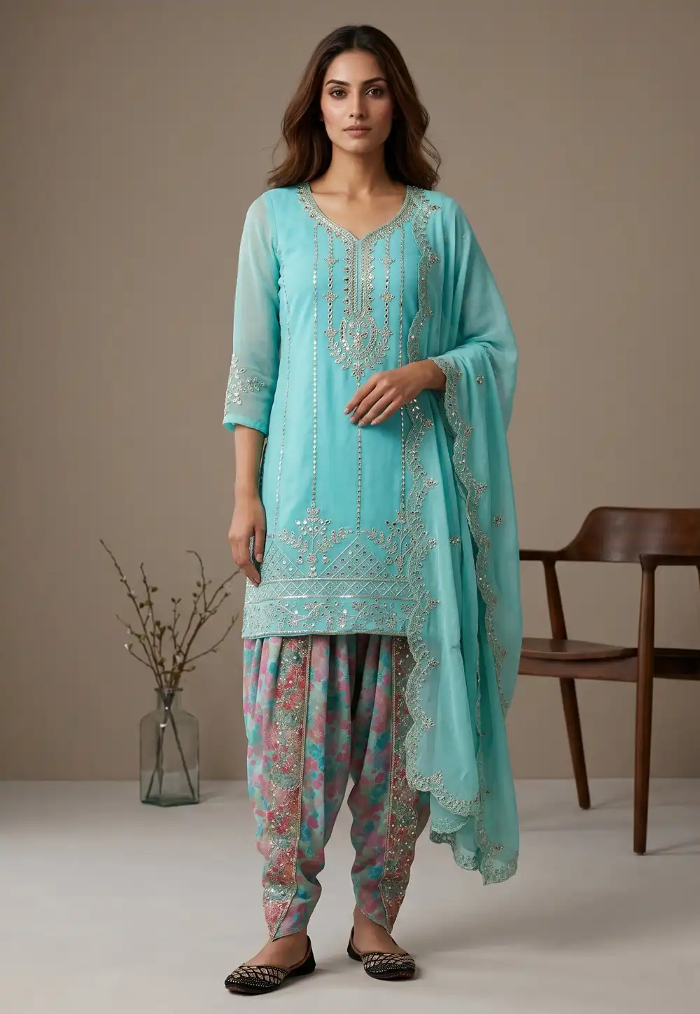 Sky Blue Faux Georgette Readymade Punjabi Suit 330682