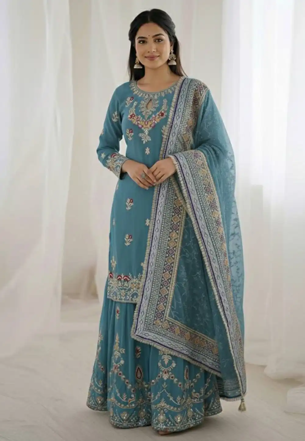 Sky Blue Faux Georgette Readymade Sharara Suit 324431