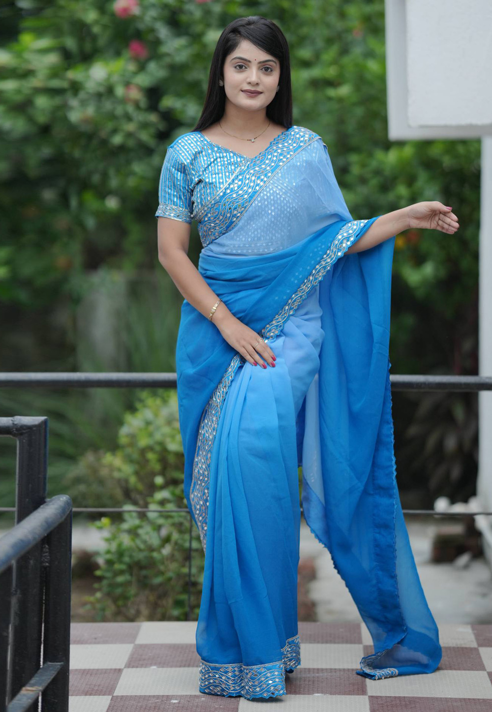 Sky Blue Faux Georgette Saree With Blouse 318902