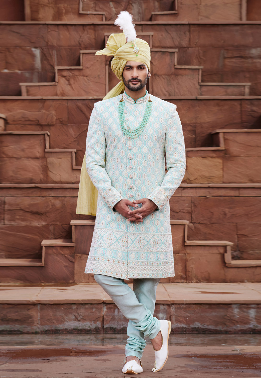 Sky Blue Georgette Achkan Style Sherwani With Stole 280129