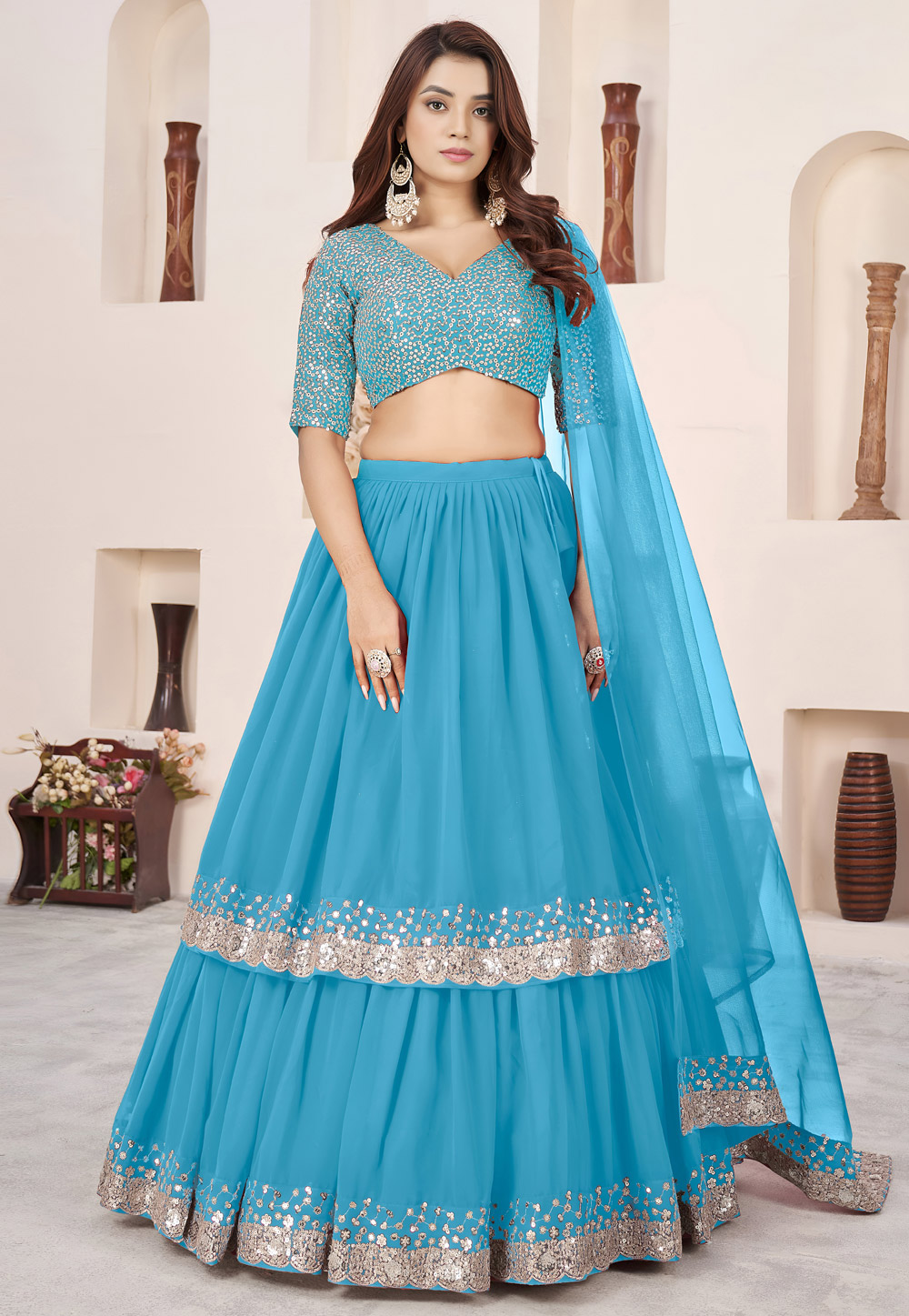 Sky Blue Georgette Circular Lehenga Choli 323089
