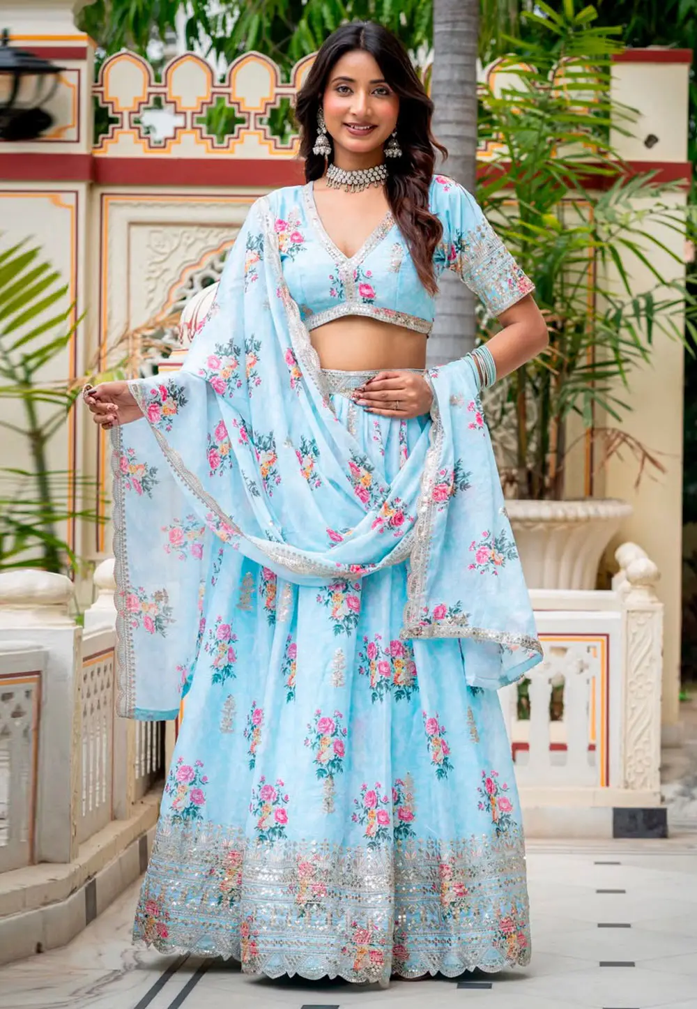 Sky Blue Georgette Floral Lehenga Choli 332821