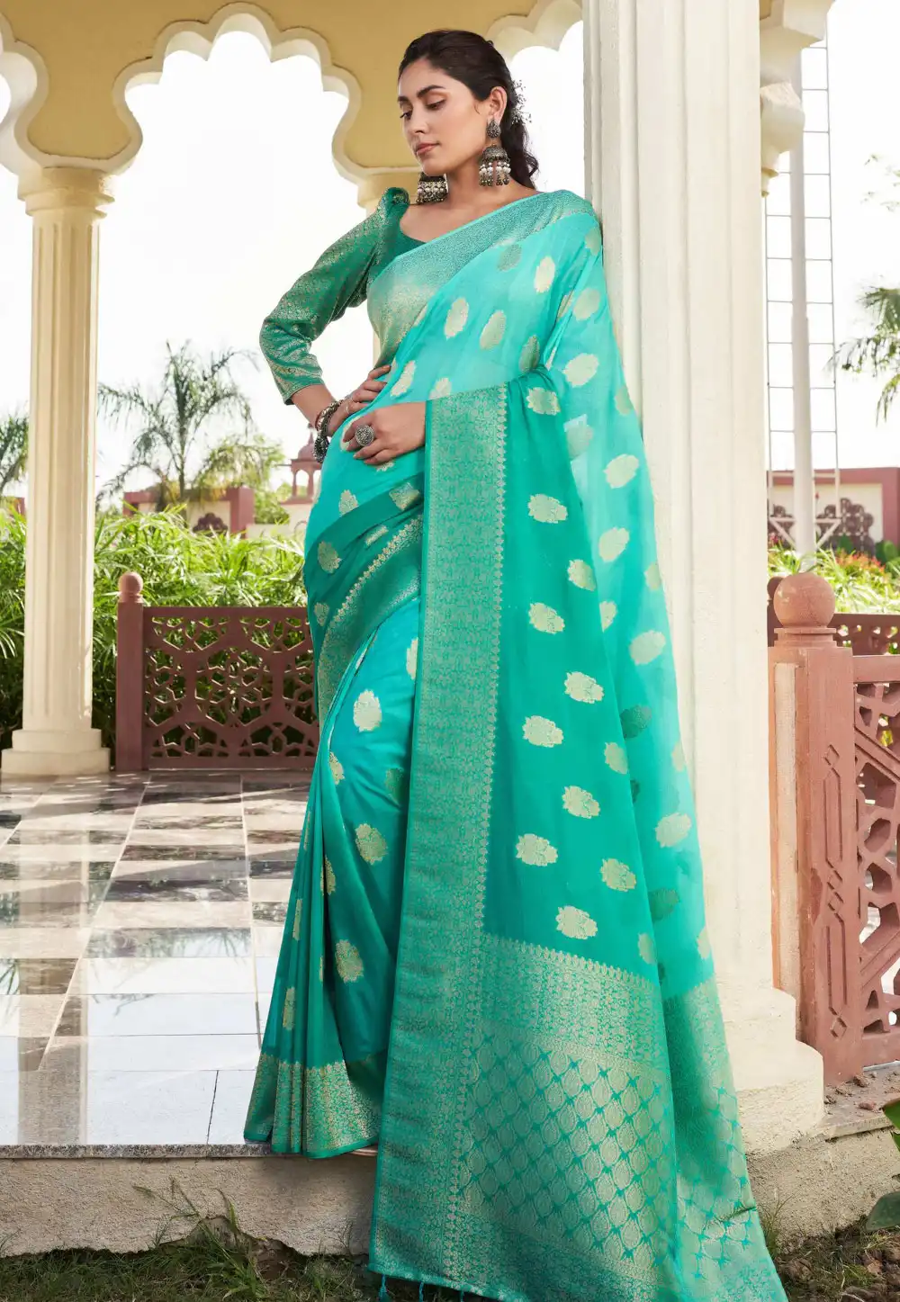 Sky Blue Georgette Half N Half Saree 322650