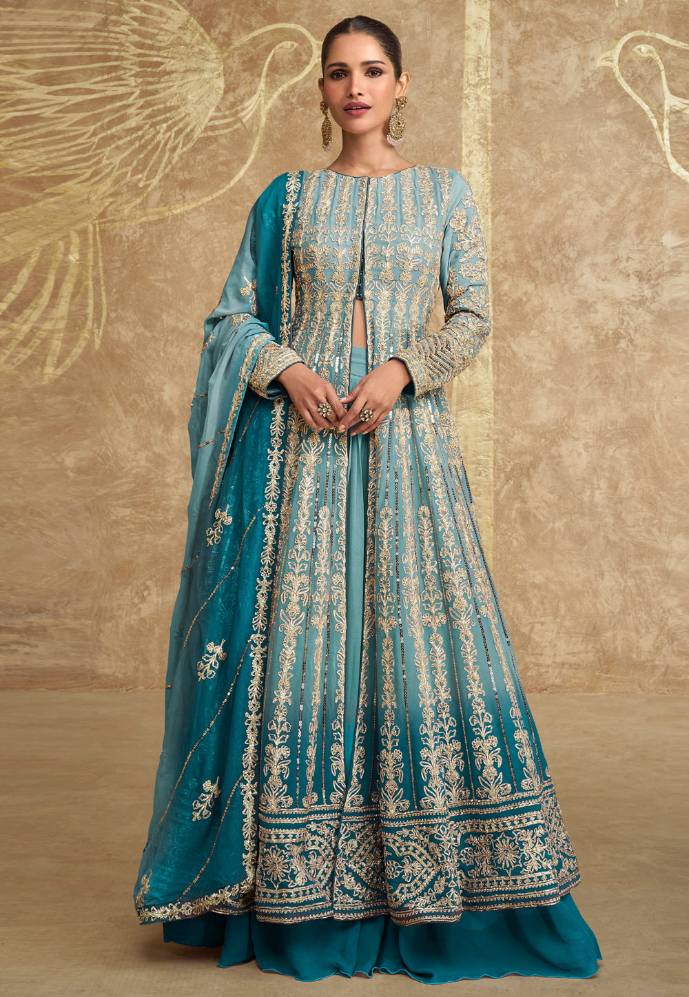 Sky Blue Georgette Long Choli Lehenga 311108