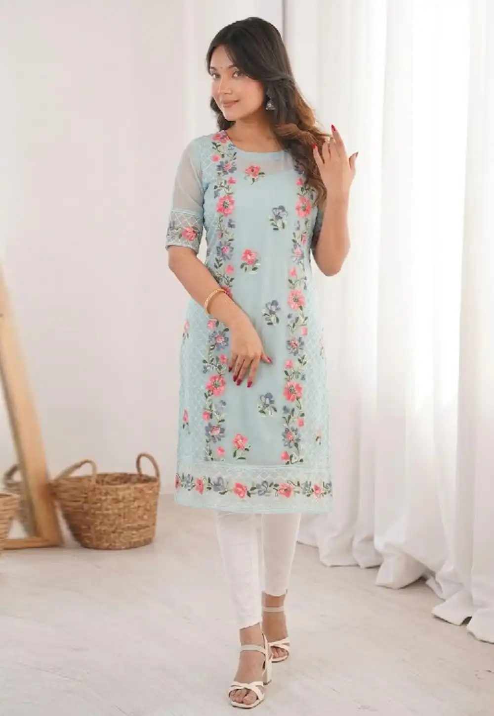 Sky Blue Georgette Long Kurti 329057