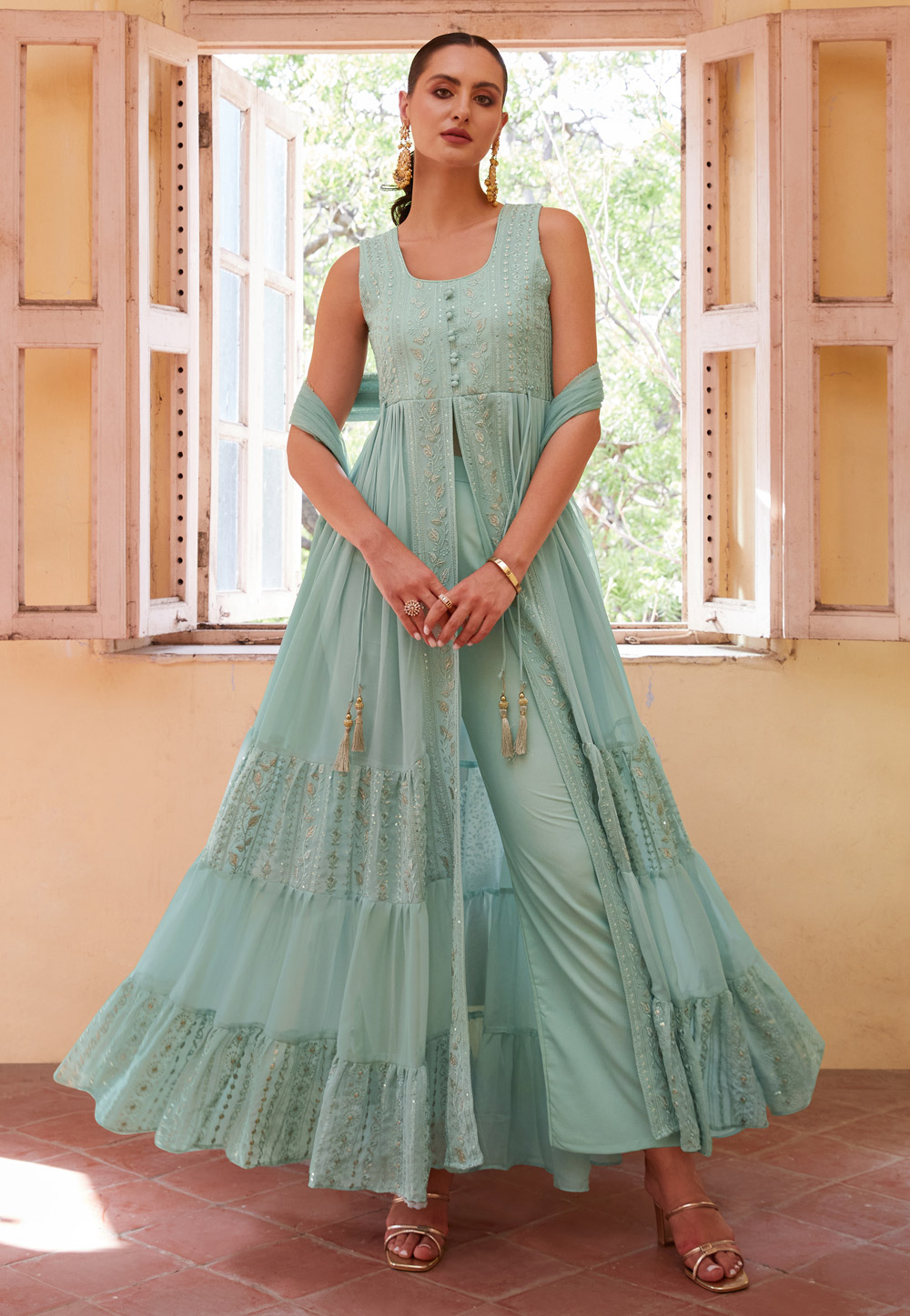 Sky Blue Georgette Pant Style Suit 287293