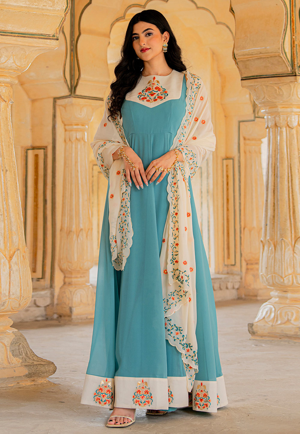 Sky Blue Georgette Readymade Anarkali Suit 320433