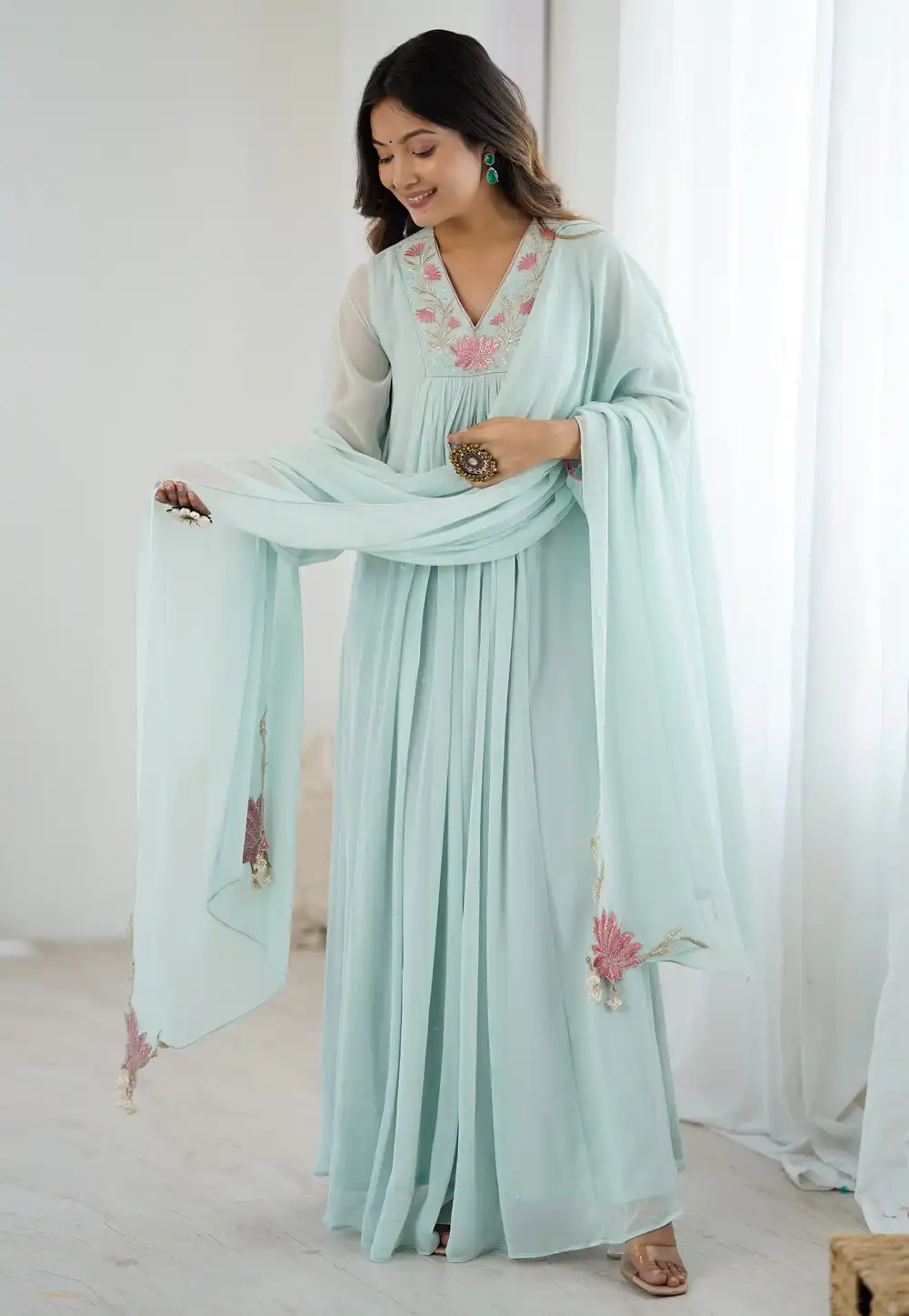 Sky Blue Georgette Readymade Anarkali Suit 317532