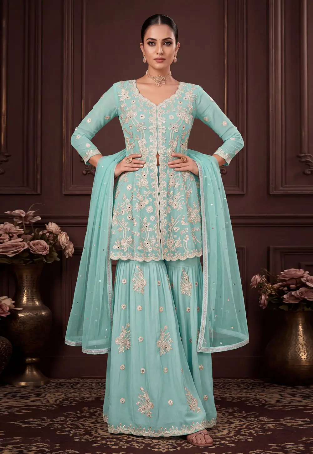 Sky Blue Georgette Readymade Gharara Suit 335841