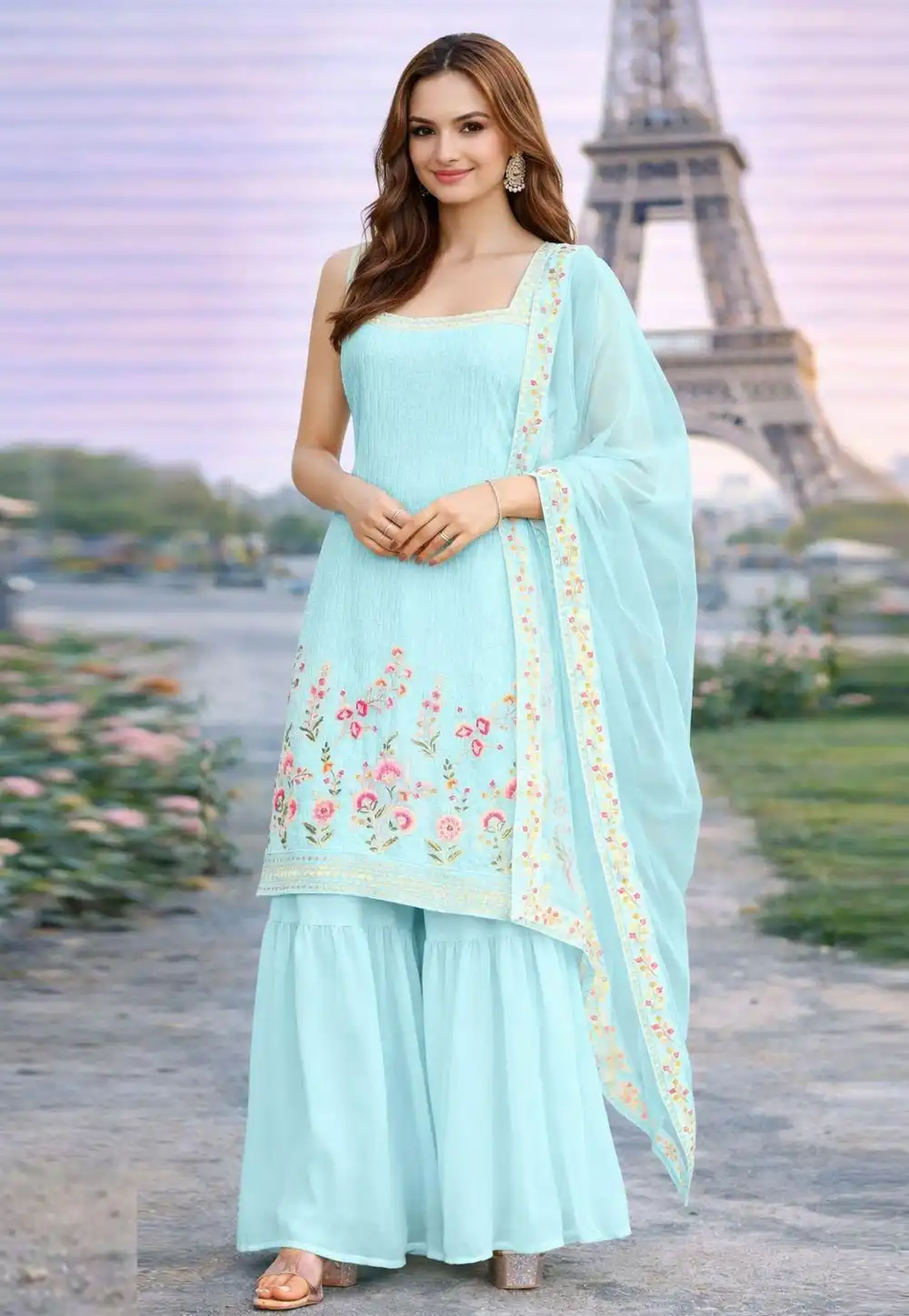Sky Blue Georgette Readymade Gharara Suit 327312