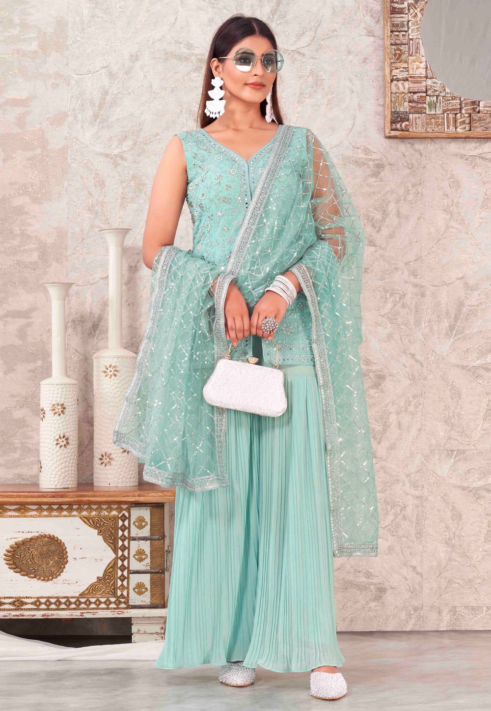 Sky Blue Georgette Readymade Gharara Suit 286520