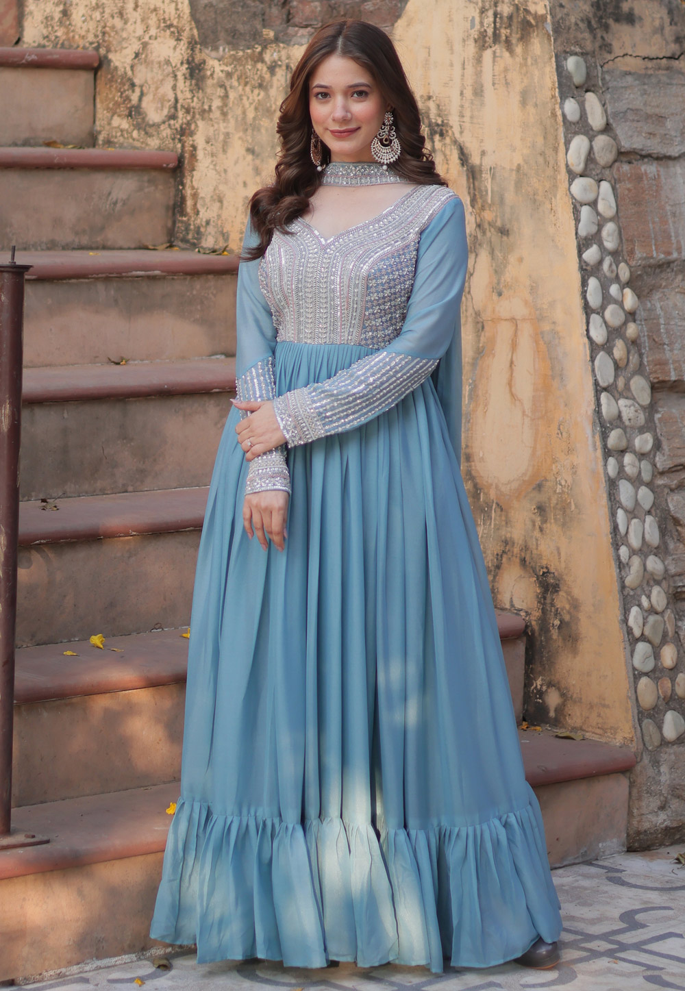 Sky Blue Georgette Readymade Long Anarkali Suit 306337