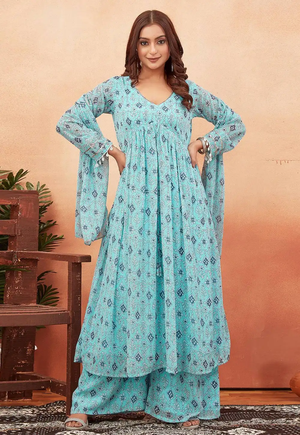 Sky Blue Georgette Readymade Palazzo Suit 328598
