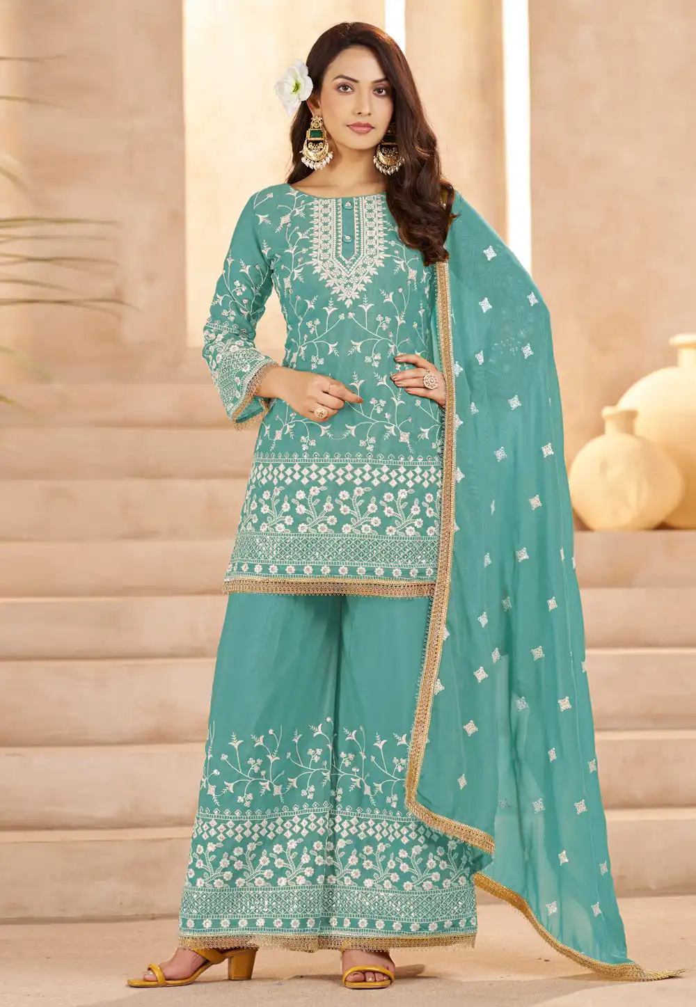 Sky Blue Georgette Readymade Palazzo Suit 322985