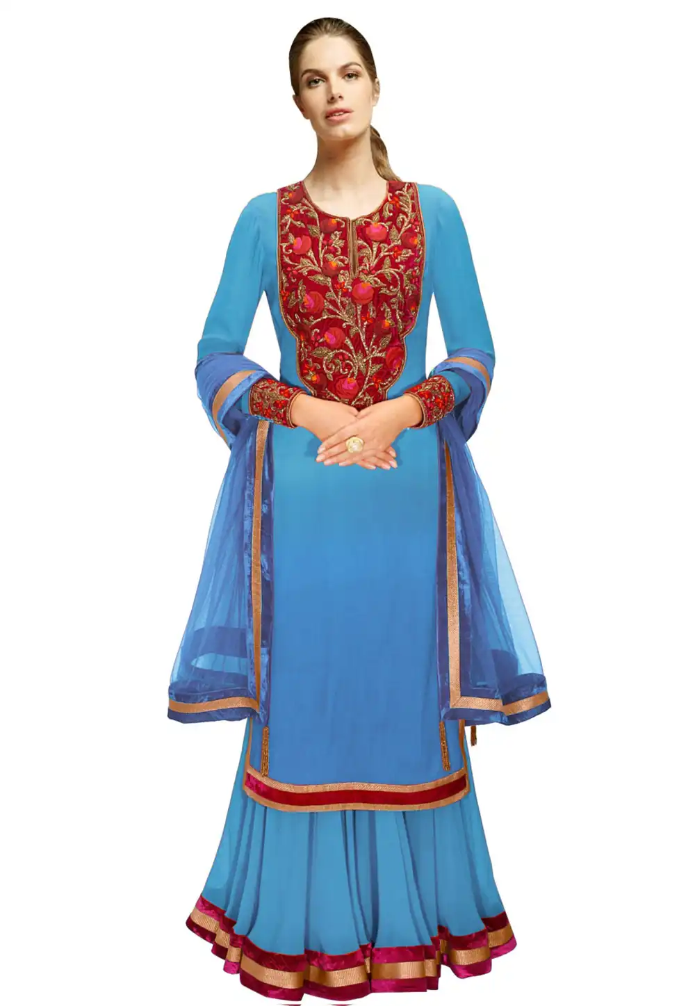 Sky Blue Georgette Readymade Palazzo Suit 322177
