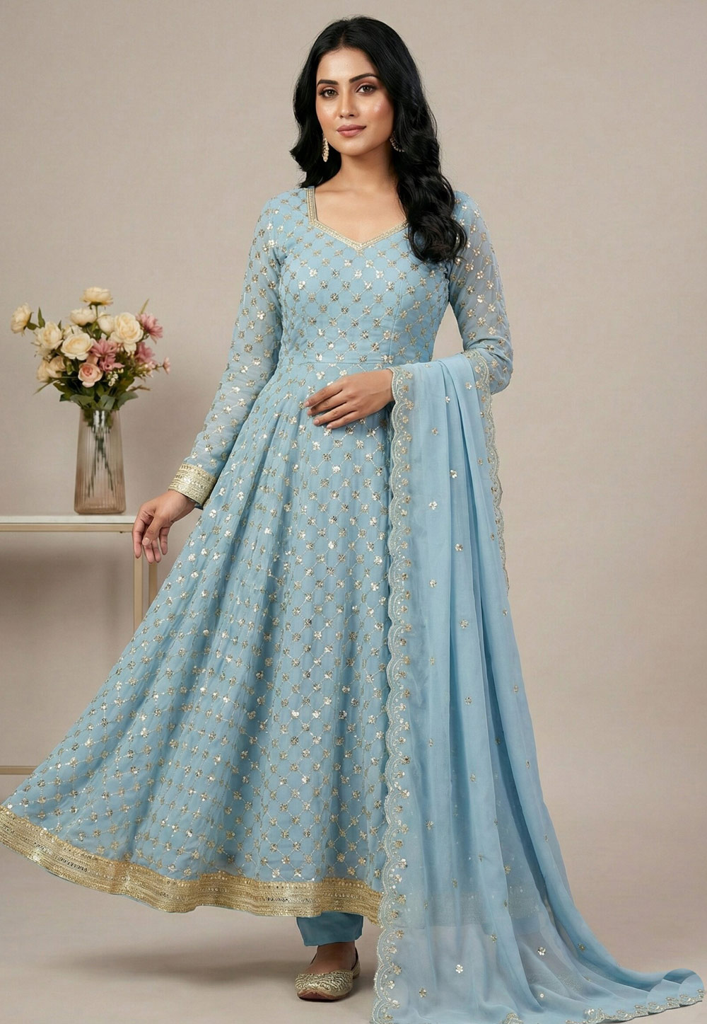 Sky Blue Georgette Readymade Pant Style Suit 324966