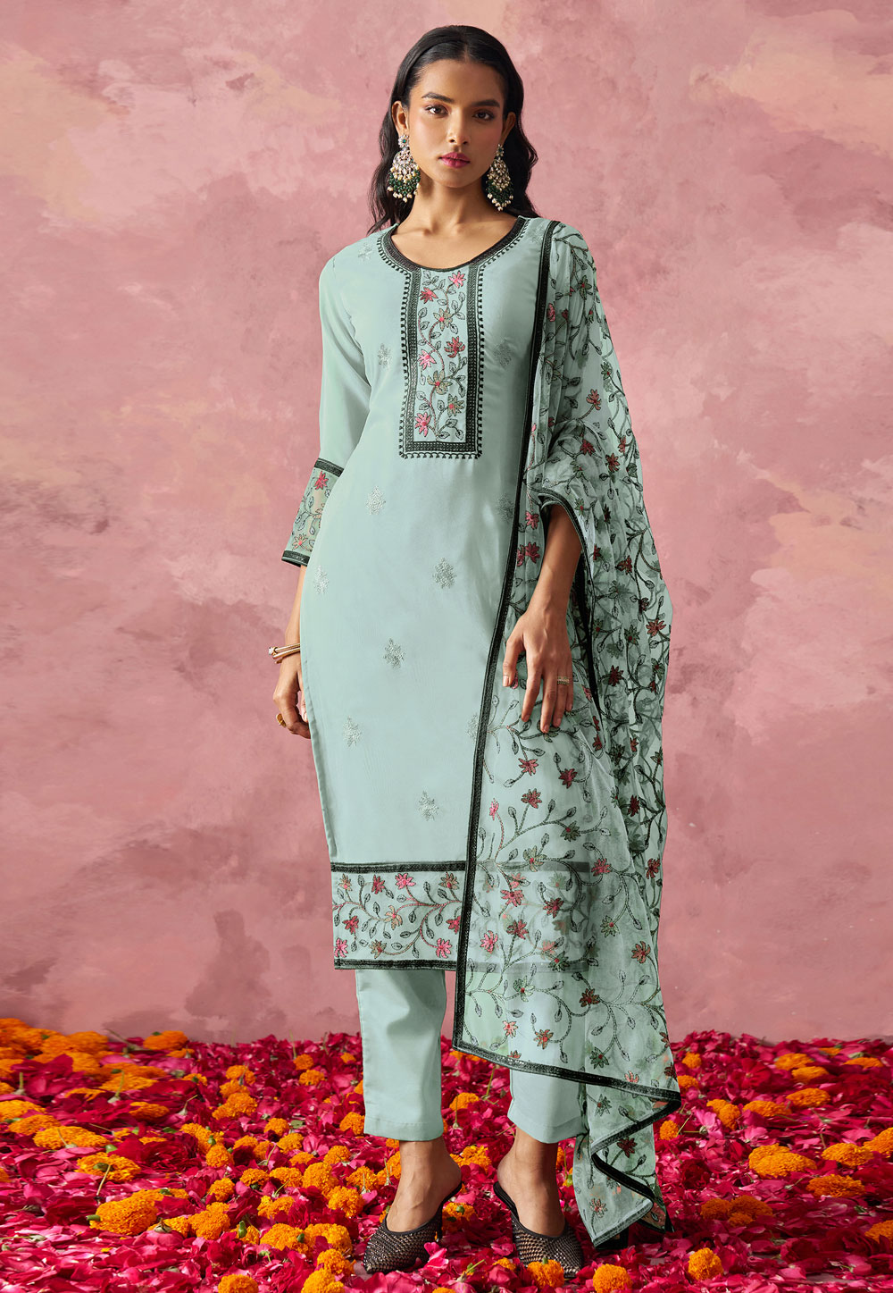 Sky Blue Georgette Readymade Pant Style Suit 311353
