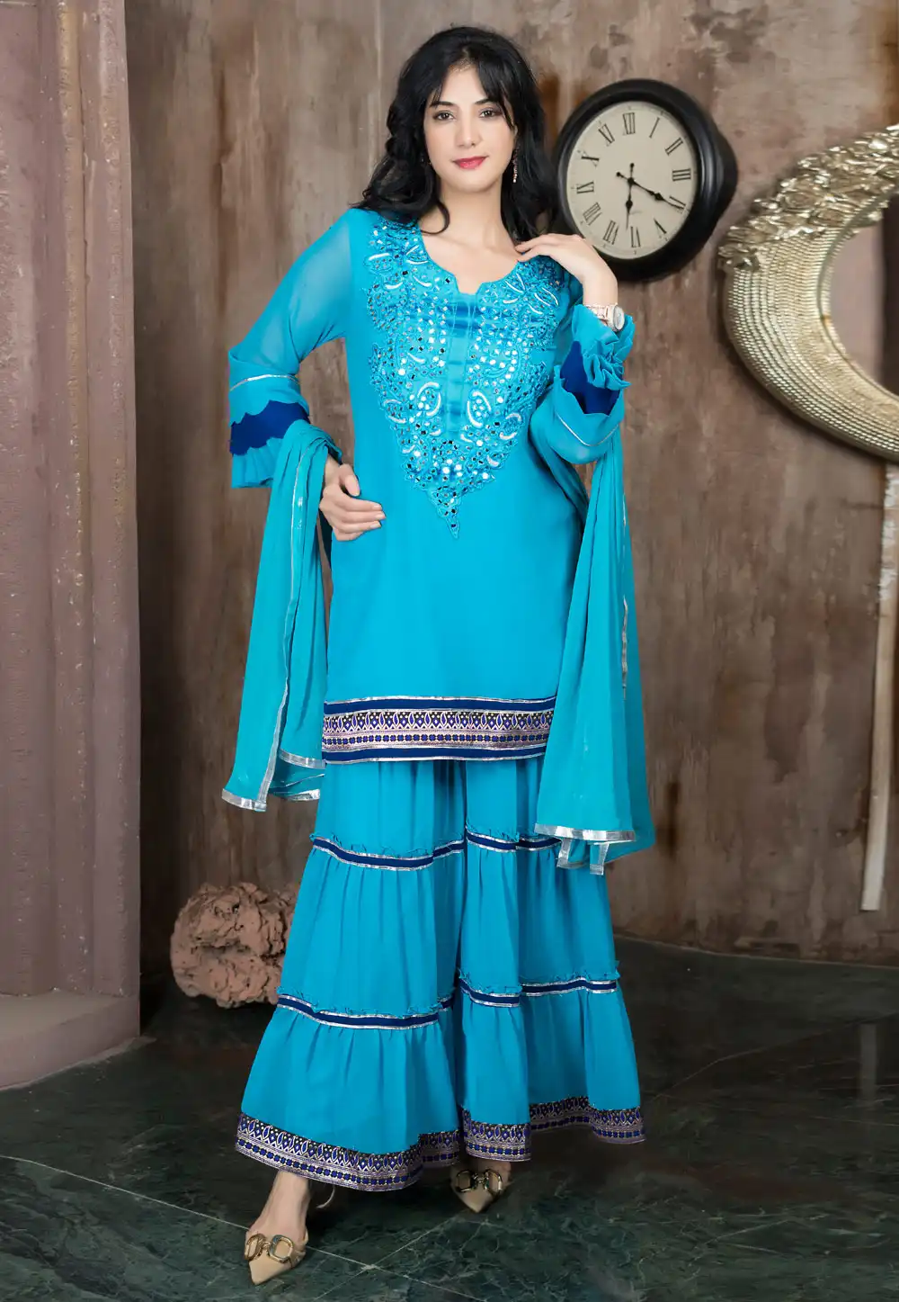 Sky Blue Georgette Readymade Sharara Suit 316656
