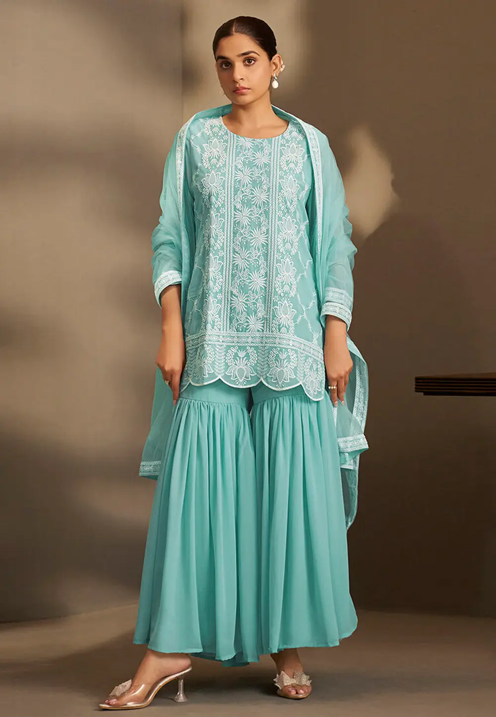 Sky Blue Georgette Readymade Sharara Suit 334194