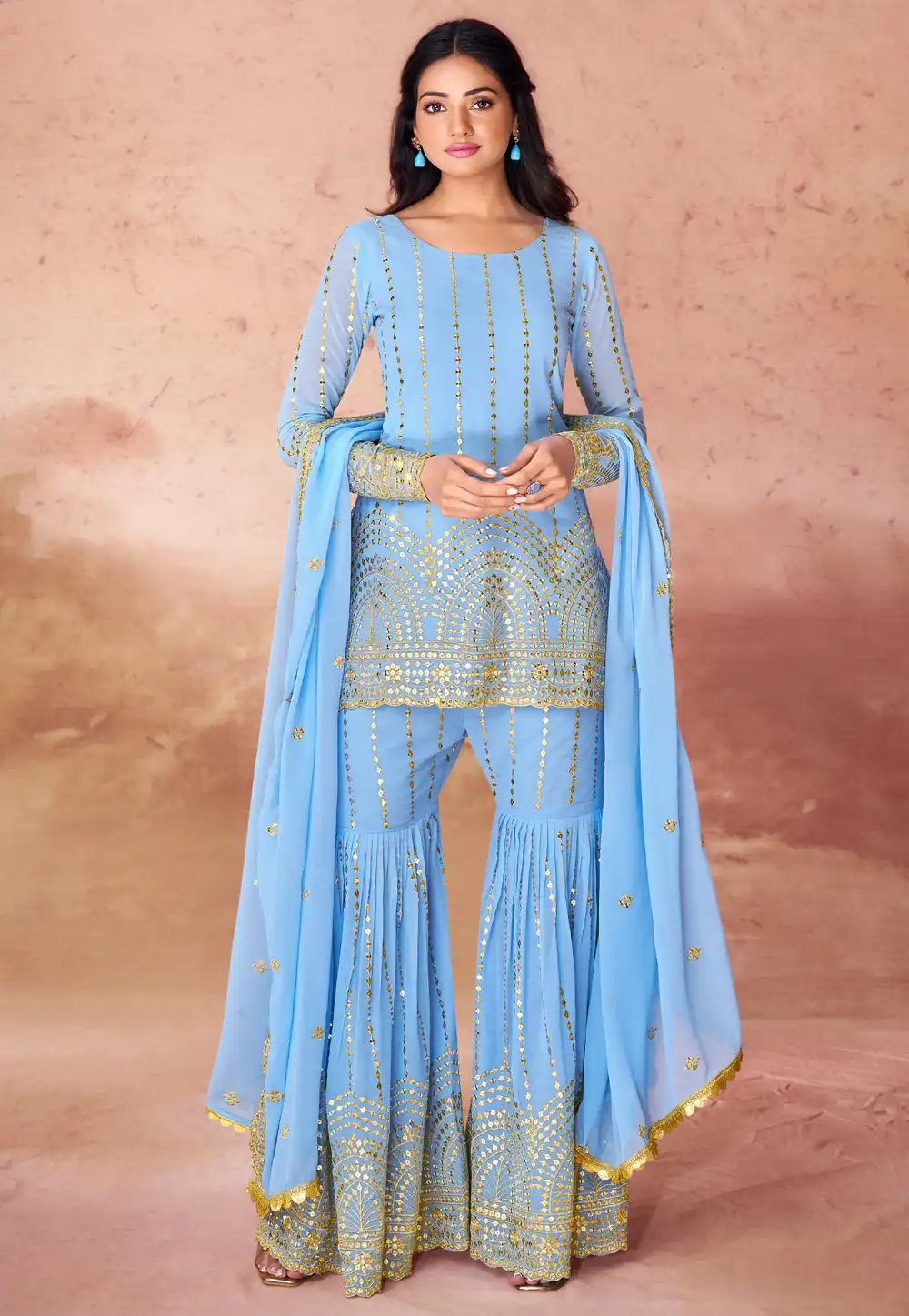 Sky Blue Georgette Readymade Sharara Suit 289192
