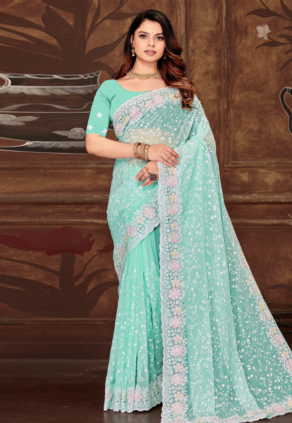 Sky Blue Georgette Saree With Blouse 311295